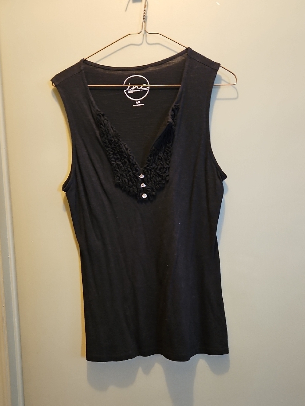 INC International Concepts Black V-Neck Ruffle Button Tank